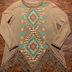 Double D Ranch Southwest Patterned Fringed Long Sleeve Size Small
